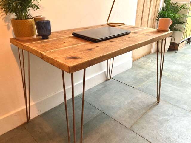 Reclaimed Wood Desk Scaffold Copper Hairpin Legs - image 1