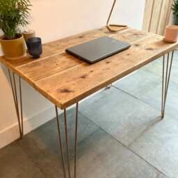 Reclaimed Wood Desk Scaffold Copper Hairpin Legs - thumbnail 2