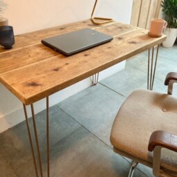 Reclaimed Wood Desk Scaffold Copper Hairpin Legs - thumbnail 3