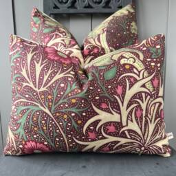 William Morris Seaweed Burgundy Green Designer Fabric Vintage Linen Cushion Pillow Cover - thumbnail 1