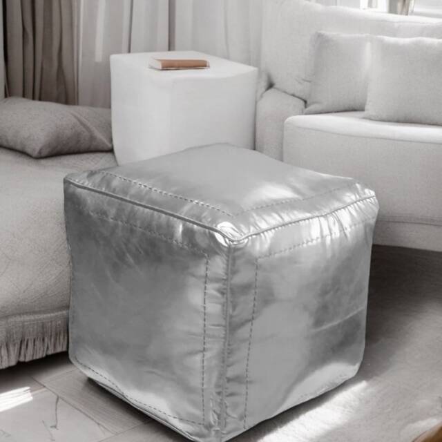 Handmade Moroccan Faux Leather Pouf Silver Square Ottoman Footstool - Unstuffed - image 1