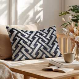 Innscbruck - Handwoven Silk Velvet Lumbar Pillow Black Ivory Geometric Cushion - thumbnail 1