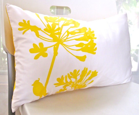Yellow Print On Off White Cotton Cardinal Agapanthus Rectangle Pillow - image 1