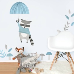 Floating Raccoon - Fabric Wall Decal Woodland Blue Collection Mej - thumbnail 1