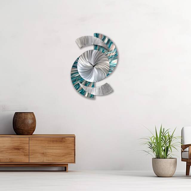 Teal Abstract Metal Wall Clock Modern Silver Timepiece, 18x24 - image 1