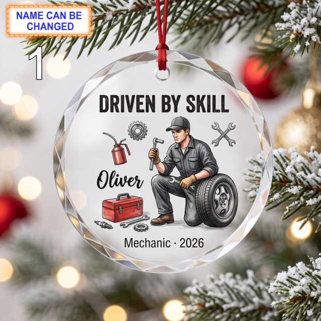 Driven By Skill Christmas Glass Ornament, Custom Mechanic Keepsake With Car Wheel, Engine Tools, Toolbox & Garage Details - image 1