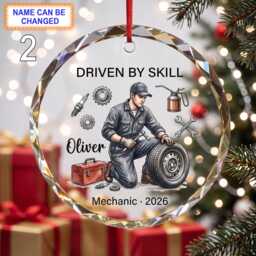 Driven By Skill Christmas Glass Ornament, Custom Mechanic Keepsake With Car Wheel, Engine Tools, Toolbox & Garage Details - thumbnail 2