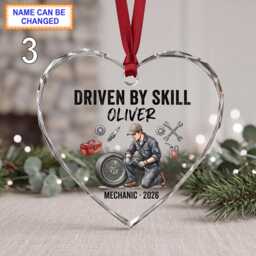 Driven By Skill Christmas Glass Ornament, Custom Mechanic Keepsake With Car Wheel, Engine Tools, Toolbox & Garage Details - thumbnail 3