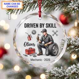 Driven By Skill Christmas Glass Ornament, Custom Mechanic Keepsake With Car Wheel, Engine Tools, Toolbox & Garage Details