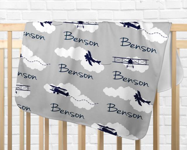 Personalized Baby Blanket Gift Soft Fleece Airplane Shower Newborn Watch Me Grow Boy Custom Monogram - image 1