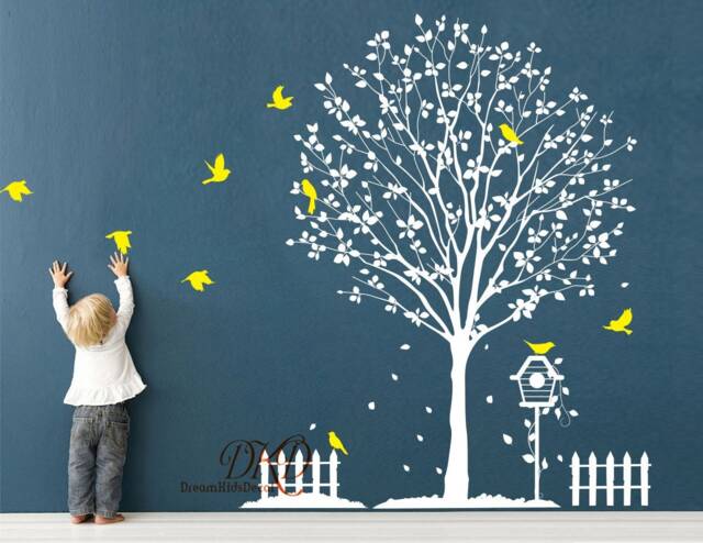 White Tree Wall Decal Kids Room Decor, Birds & Birdhouse - image 1