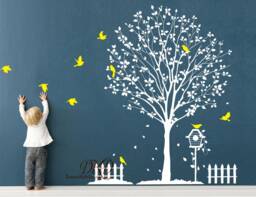 White Tree Wall Decal Kids Room Decor, Birds & Birdhouse - thumbnail 1
