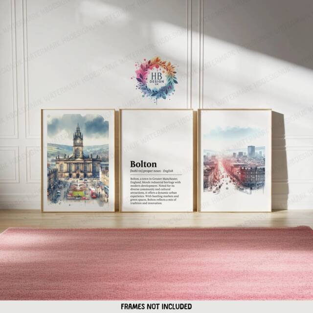Bolton Poster Prints - Set Of 3 Posters - Watercolour Wall Art Decor Travel Hanging England Artwork Gift UK Painting - image 1