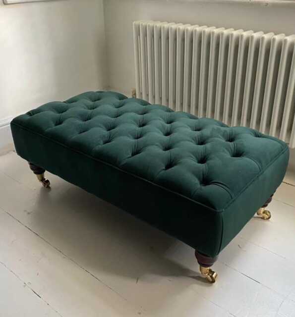 Chesterfield Plush Velvet Footstool - Mahogany Castor Legs Ottoman - image 1