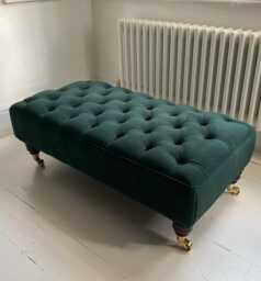 Chesterfield Plush Velvet Footstool - Mahogany Castor Legs Ottoman - thumbnail 1