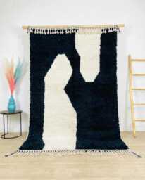 Black White Organic Rug, Bold Abstract Moroccan Carpet, Handmade Berber Shag Large Area High Contrast Modern Decor - thumbnail 1