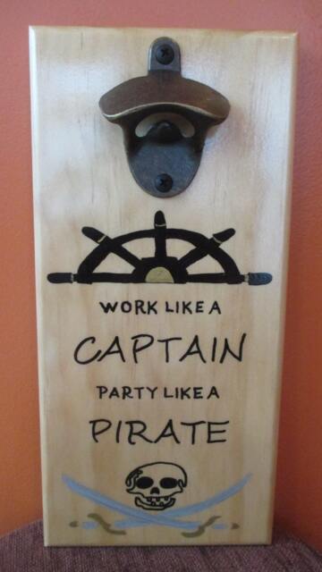 Work Like A Captian Party A Pirate Wall Mounted Wooden Magnetic Bottle Opener With Magnetic Cap Catcher Bottle Catching Opener - image 1