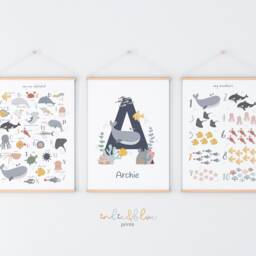 Personalised Sea Animals Print Set, Boy Ocean Nursery Alphabet & Numbers Chart Print, Under The Prints - thumbnail 2