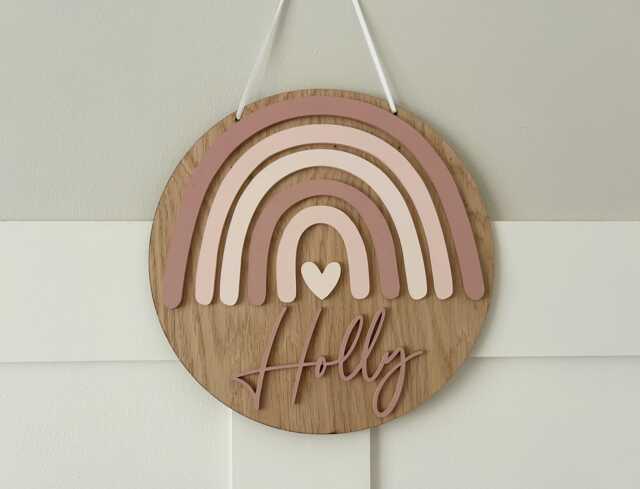 Personalised Oak Veneer Rainbow Name Plaque - Custom Bedroom & Nursery Decor - image 1