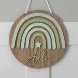 Personalised Oak Veneer Rainbow Name Plaque - Custom Bedroom & Nursery Decor - thumbnail 3