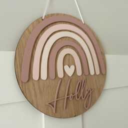Personalised Oak Veneer Rainbow Name Plaque - Custom Bedroom & Nursery Decor - thumbnail 2