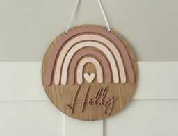Personalised Oak Veneer Rainbow Name Plaque - Custom Bedroom & Nursery Decor - thumbnail 1
