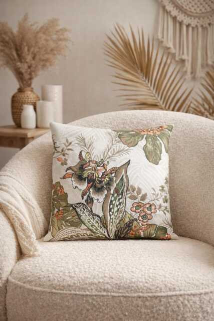 Floral Cushion Cover, Cream, Rust, Olive Green - - 18x18 - image 1