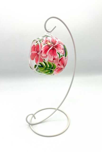 Hand Painted Tealight Holder/Pink Hibiscus Flowers/ Hanging Glass Sphere With Ornament Stand - image 1
