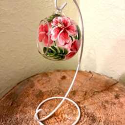 Hand Painted Tealight Holder/Pink Hibiscus Flowers/ Hanging Glass Sphere With Ornament Stand - thumbnail 4