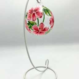 Hand Painted Tealight Holder/Pink Hibiscus Flowers/ Hanging Glass Sphere With Ornament Stand - thumbnail 3