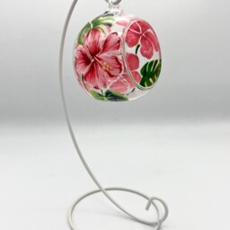 Hand Painted Tealight Holder/Pink Hibiscus Flowers/ Hanging Glass Sphere With Ornament Stand - thumbnail 2