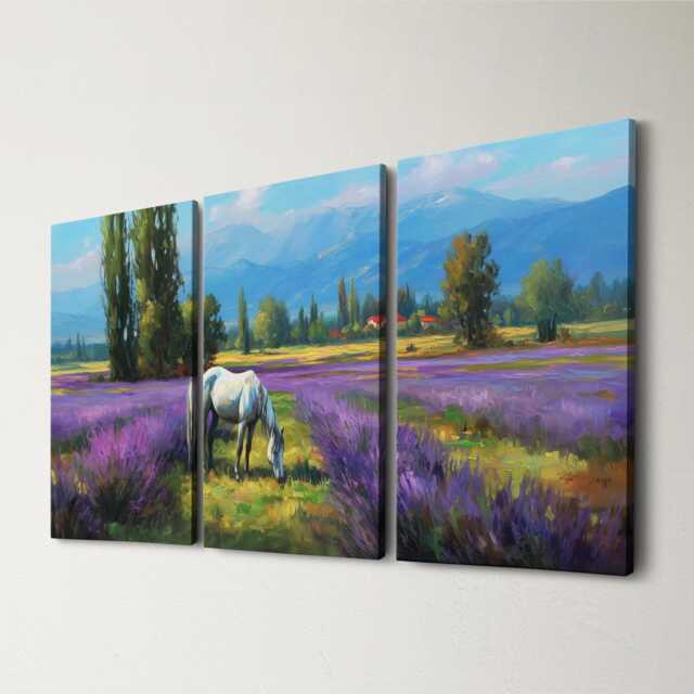 Horse in Lavender Field 3 Panel Split Canvas Wall Art Animal Landscape French Countryside Farmhouse Oil Painting Framed Home Decor - image 1