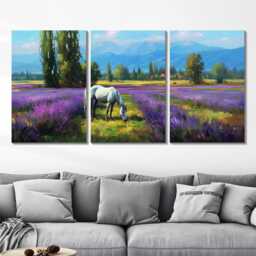 Horse in Lavender Field 3 Panel Split Canvas Wall Art Animal Landscape French Countryside Farmhouse Oil Painting Framed Home Decor - thumbnail 2