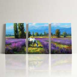Horse in Lavender Field 3 Panel Split Canvas Wall Art Animal Landscape French Countryside Farmhouse Oil Painting Framed Home Decor - thumbnail 3