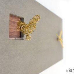 Cuckoo Clock With Gold Wire Bird - Concrete & Wood Rectangle Wall Modern Minimalist Gift Idea Home Decor - thumbnail 2