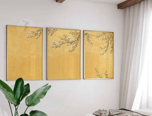 Japanese Set Of 3 Gold Floral Posters, Art Prints, Katsushika Hokusai Wall Art, Ogata Korin Decor, Gift - image 1