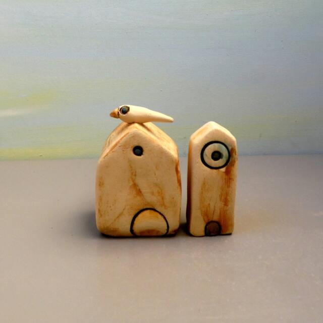 Ceramic House Figurines, Rustic Clay Miniature Home Decor, Set Of 2 - image 1