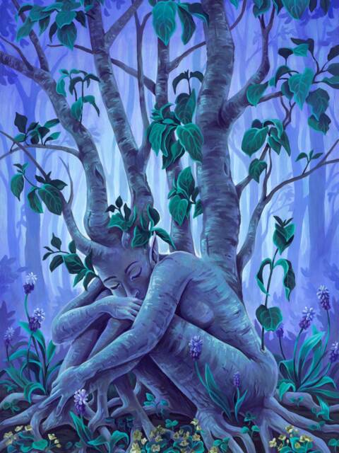 Rooted 18x24 Print - Tree Painting Purple Night Quiet Art Reproduction Lovely Dryad Flowers Fantasy Pretty Acrylic Colorful Nymph Poster - image 1