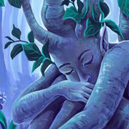 Rooted 18x24 Print - Tree Painting Purple Night Quiet Art Reproduction Lovely Dryad Flowers Fantasy Pretty Acrylic Colorful Nymph Poster - thumbnail 2