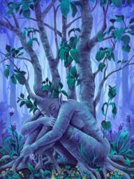 Rooted 18x24 Print - Tree Painting Purple Night Quiet Art Reproduction Lovely Dryad Flowers Fantasy Pretty Acrylic Colorful Nymph Poster - thumbnail 1