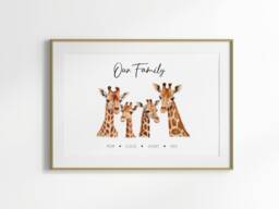 Custom Giraffe Family Print - Personalised Animal Portrait Watercolour Art Home Decor For Mum New Gift Unframed - thumbnail 1