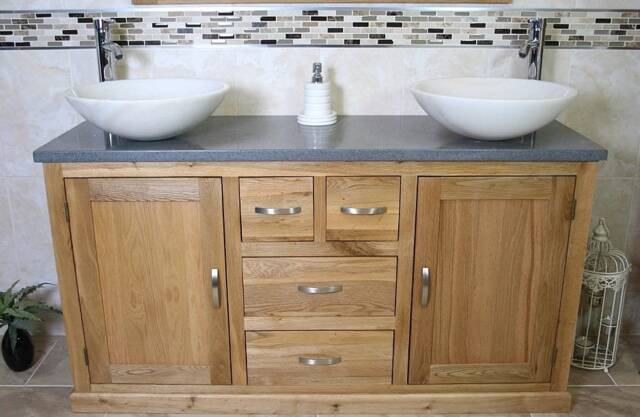 Solid Oak Bathroom Vanity Unit Cabinet Twin Marble Bowl Basin Tap Plug 603Gqsbc - image 1