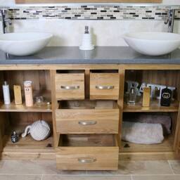 Solid Oak Bathroom Vanity Unit Cabinet Twin Marble Bowl Basin Tap Plug 603Gqsbc - thumbnail 3