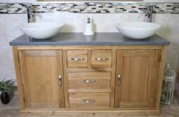Solid Oak Bathroom Vanity Unit Cabinet Twin Marble Bowl Basin Tap Plug 603Gqsbc
