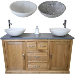 Solid Oak Bathroom Vanity Unit Cabinet Twin Marble Bowl Basin Tap Plug 603Gqsbc - thumbnail 2