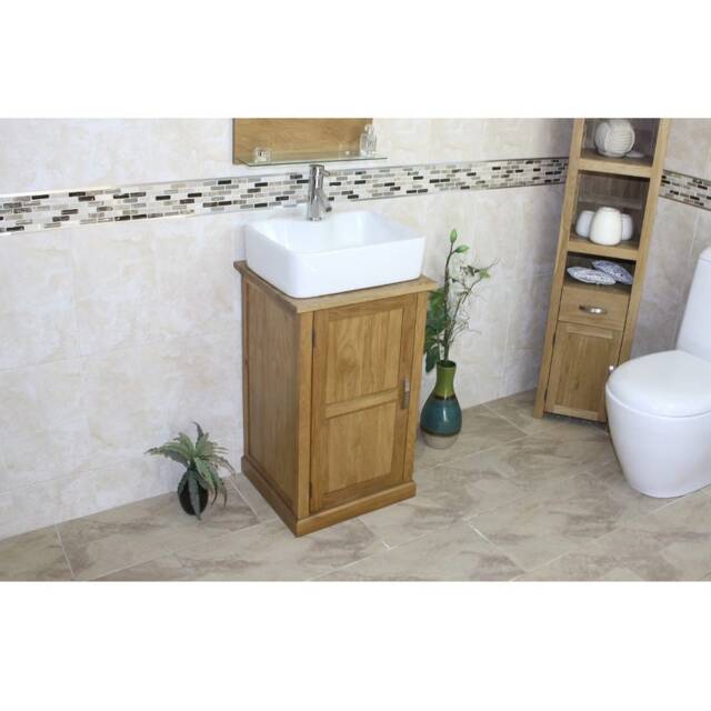 Oak Bathroom Vanity Cabinet - Solid Sink Unit Modern Wash Stand Ceramic Basin, Tap & Plug - image 1