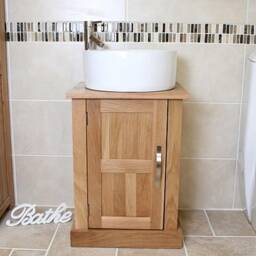 Oak Bathroom Vanity Cabinet - Solid Sink Unit Modern Wash Stand Ceramic Basin, Tap & Plug - thumbnail 3