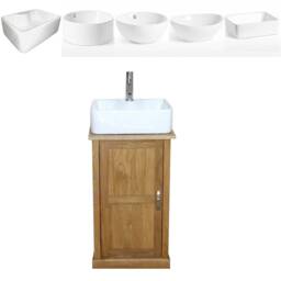 Oak Bathroom Vanity Cabinet - Solid Sink Unit Modern Wash Stand Ceramic Basin, Tap & Plug - thumbnail 2