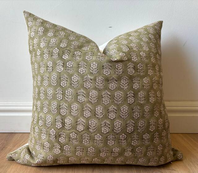 Authentic Boho Floral Indian Hand Block Stamped Linen Print Pillow Cover Green Off White Natural Available in Multiple Sizes Scandinavian - image 1