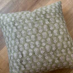 Authentic Boho Floral Indian Hand Block Stamped Linen Print Pillow Cover Green Off White Natural Available in Multiple Sizes Scandinavian - thumbnail 2
